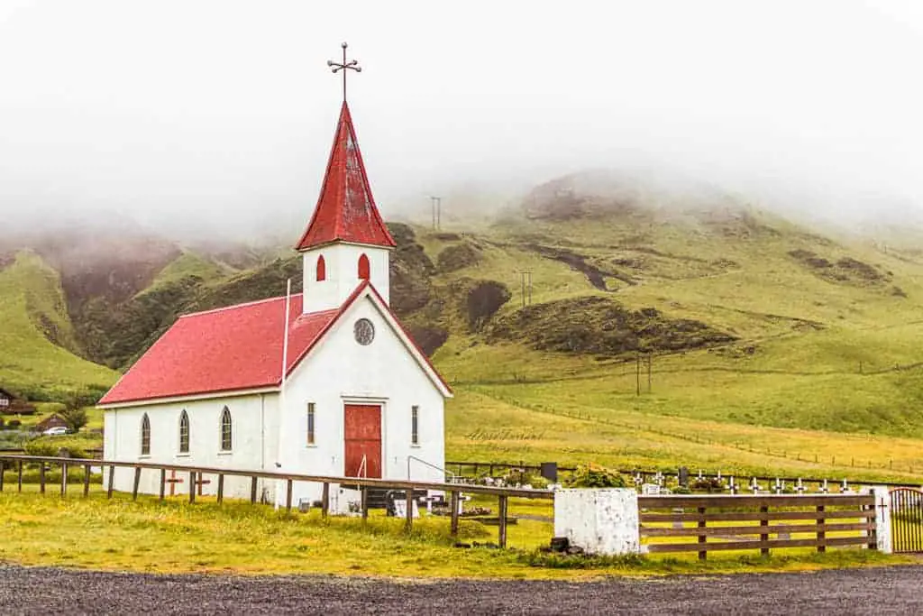 iceland church graveyard mist horizontal landscape