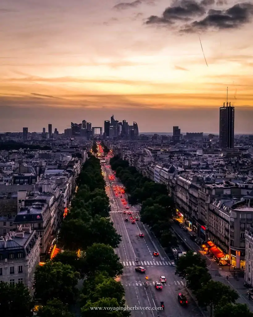 view at sunset from the arc de triomphe paris