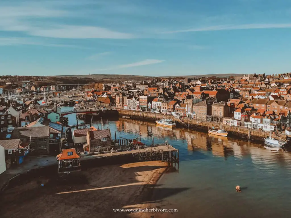 drone view of whitby harbor in the morning with a blue sky 