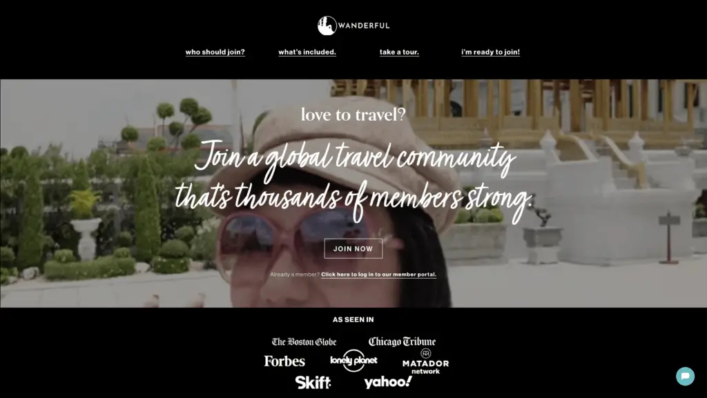 screenshot of the wanderful home page text reads "join a global community that's thousands of members strong"