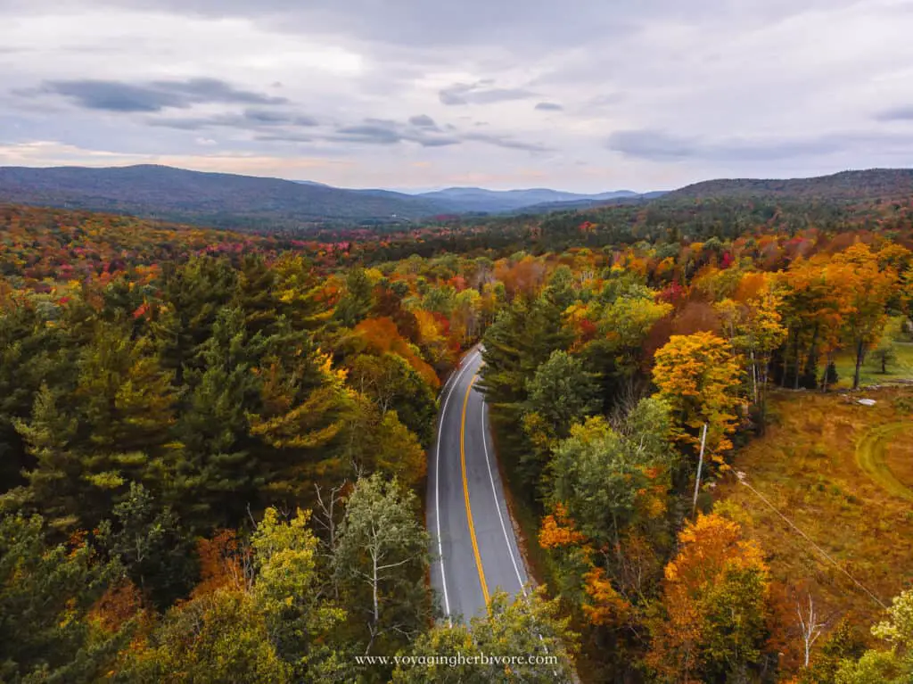 vermont scenic route 100 byway with fall foliage drone shot