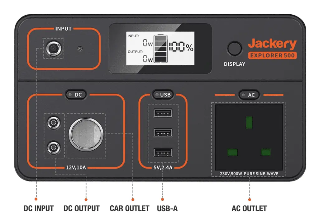 jackery explorer 500 uk specs and ports display screen