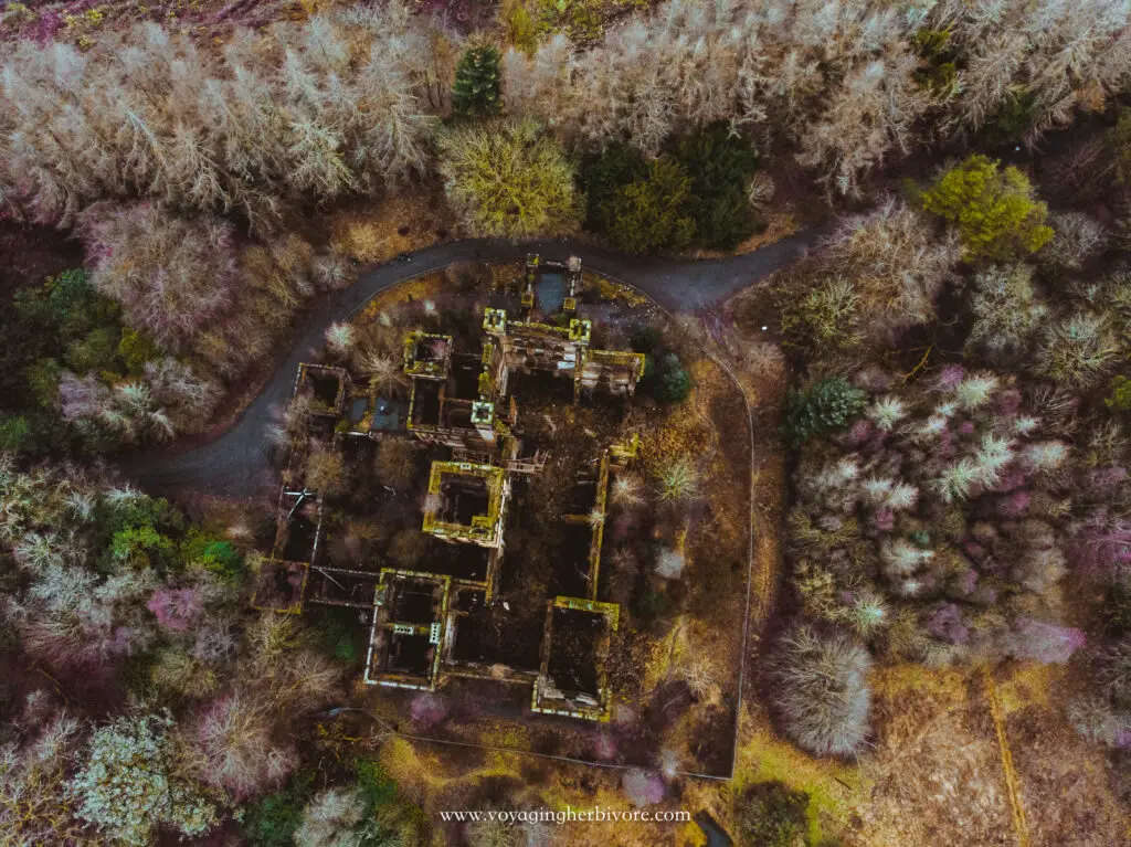 scotland castle ruins lennox castle from drone perspective