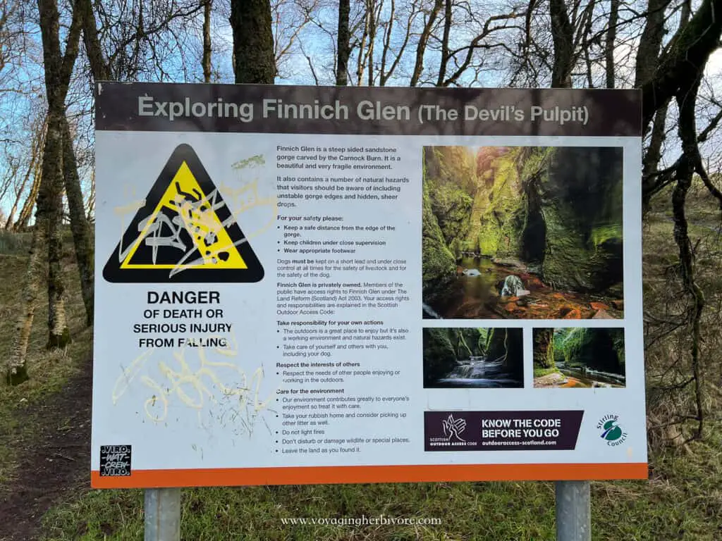 finnich glen scotland official information board for devil's pulpit