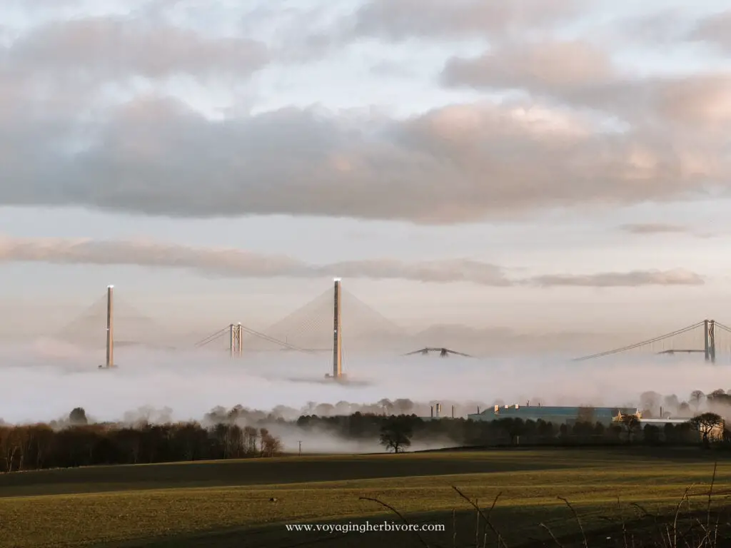 firth of forth bridges south queensferry covered in fog